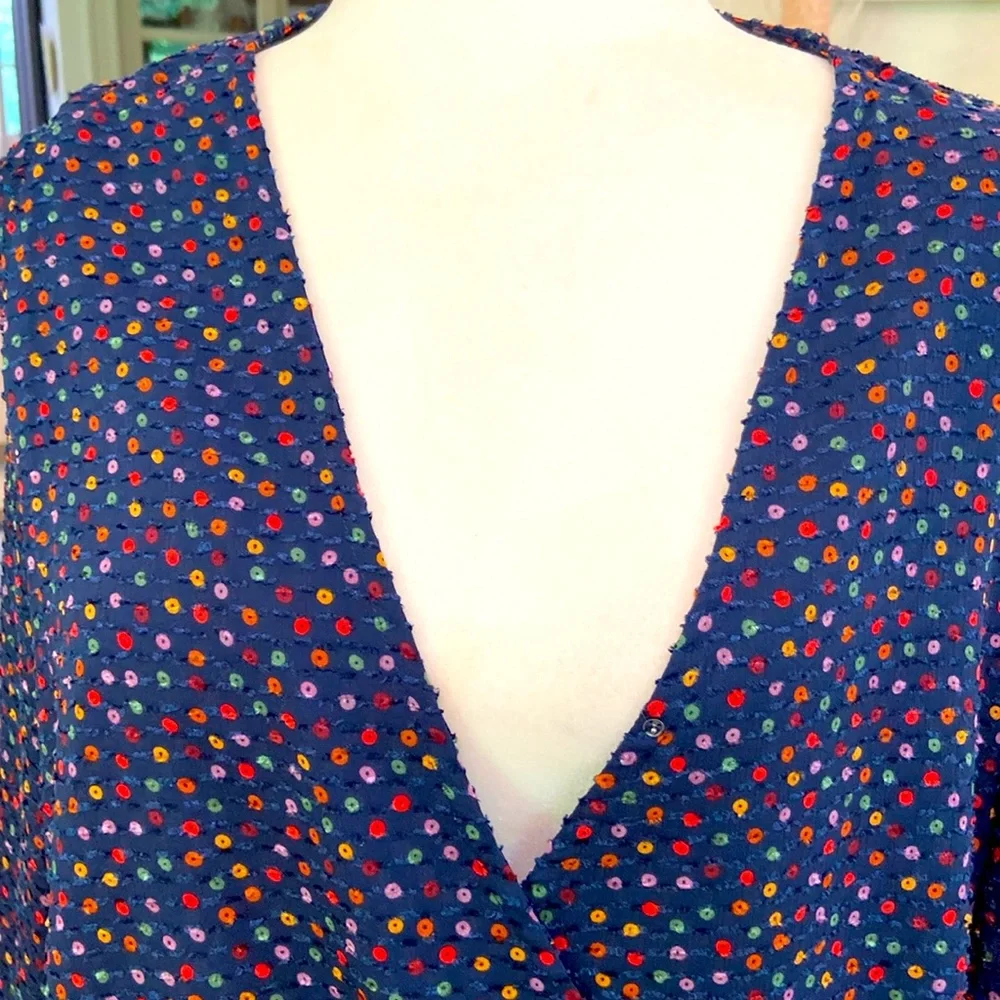 Madewell Lyric Wrap Top In Sugar Dot Navy Blue Sheer Puff Sleeves Womens LARGE